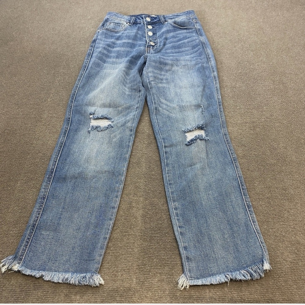 Risen High Rise Straight Leg Blue Distressed Jeans